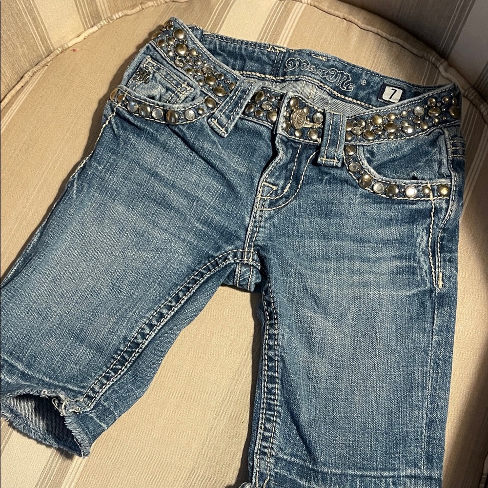 Miss Me Blue Cropped Jeans with Embellished Waistband